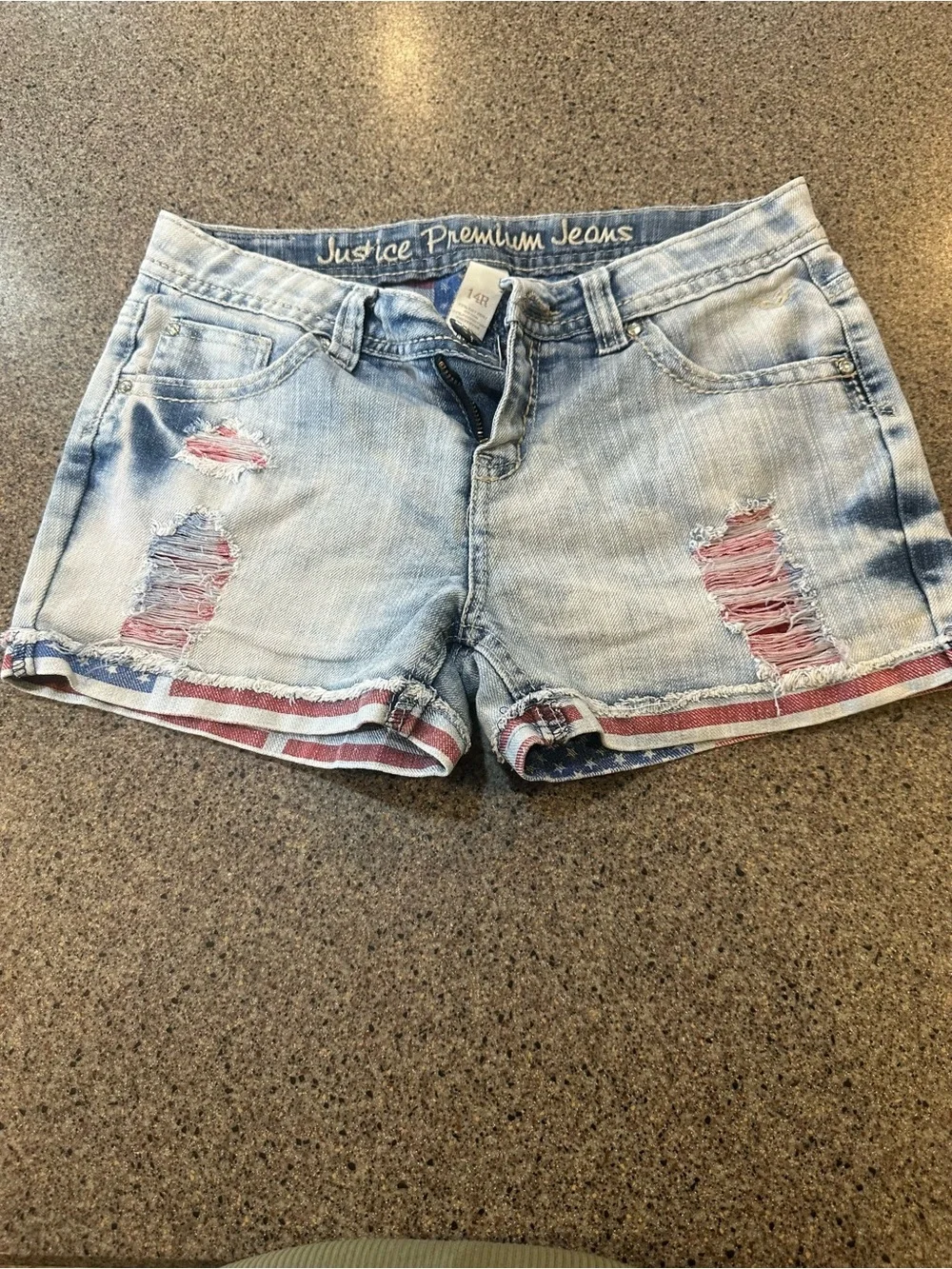 Justice Light Wash Denim Shorts with Flag Accent
